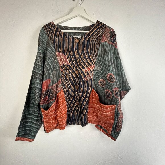 Kusnadi New York Womens Abstract Print Handmade Rayon Top Button Front Art Wear - Picture 1 of 7